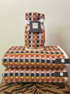 NEW SOHO Living Multicolor Checkered 100% Cotton 4-Piece Bath Towel Set